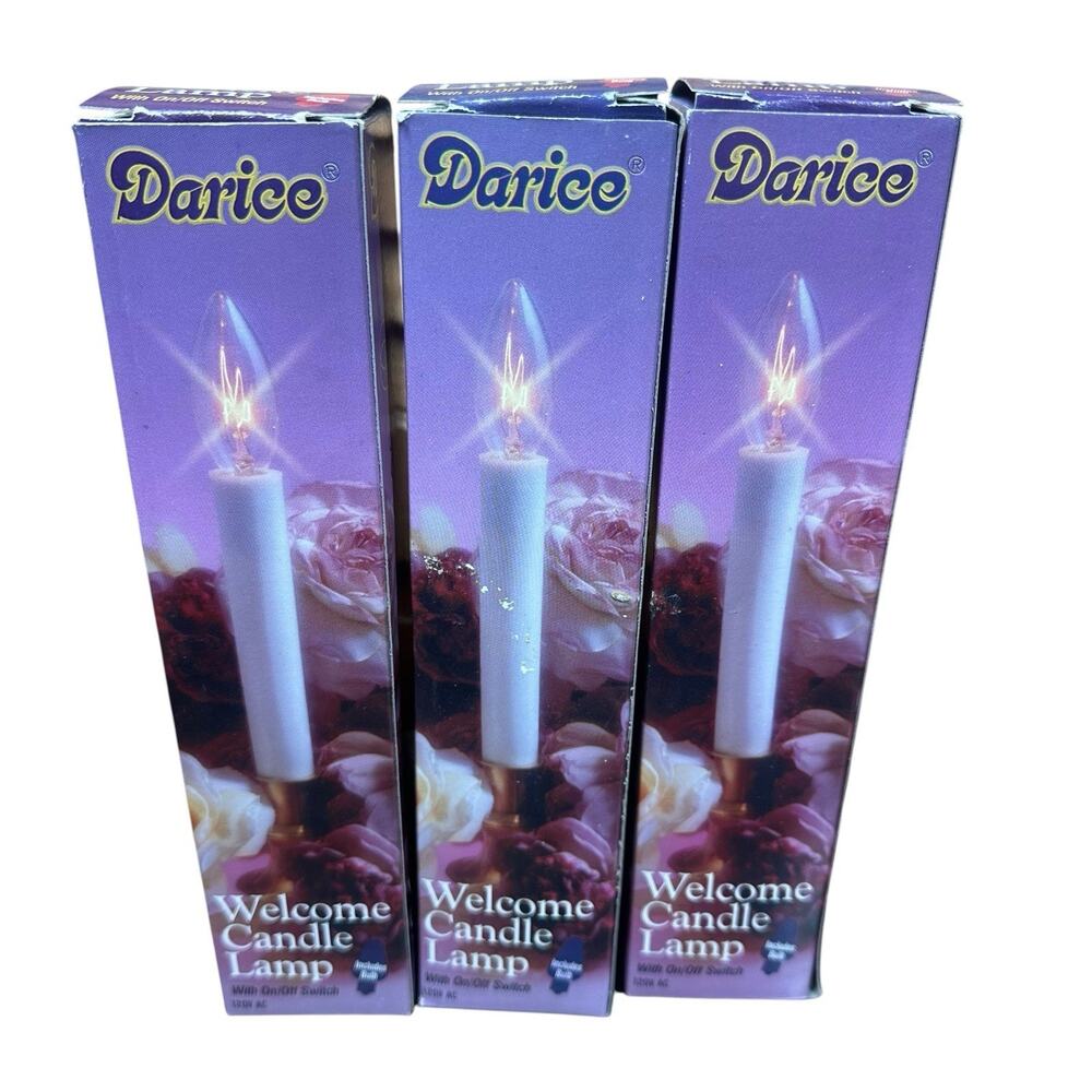 Vtg Darice Welcome Candle Window Lamp Electric Light Set of 3 Brass Base 7"